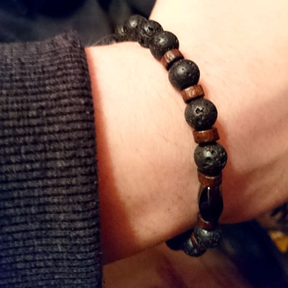 

Hand catenary Men's lava stone / iron ore men's Handmade Stone Wood Beaded Bracelet, Golden;silver