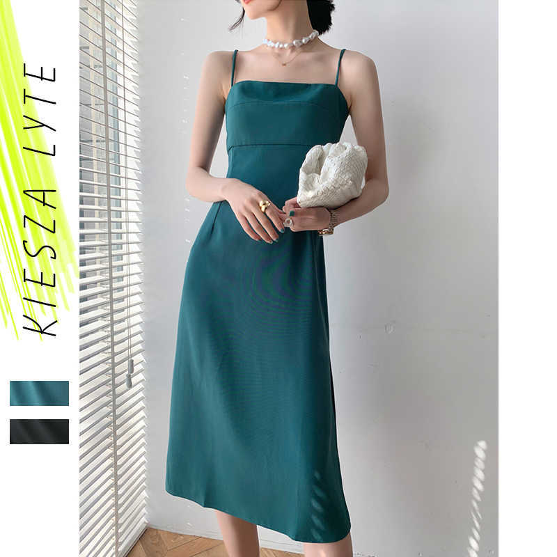 

Summer Dress Women French Retro Green Strap High Waist Slit Midi Sexy Party Dresses Female Fashion 210608, Black