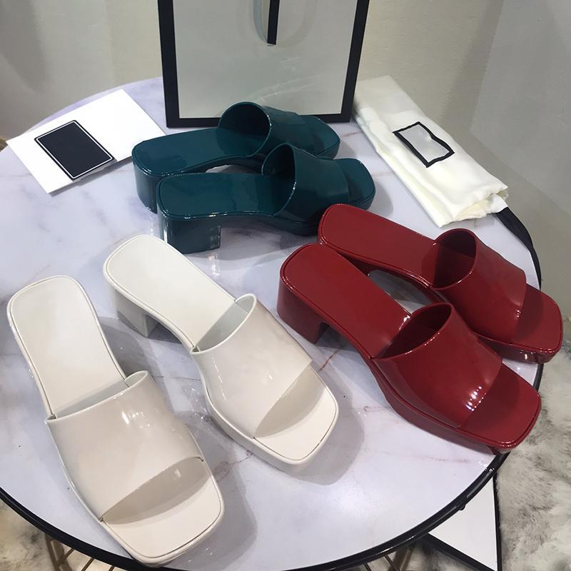 

2021 Women Sandals High Heels Rubber Slide Sandal Platform Slipper Chunky 2.4"heel height Shoes Summer Embossed Flip Flops with box 8 color 8989