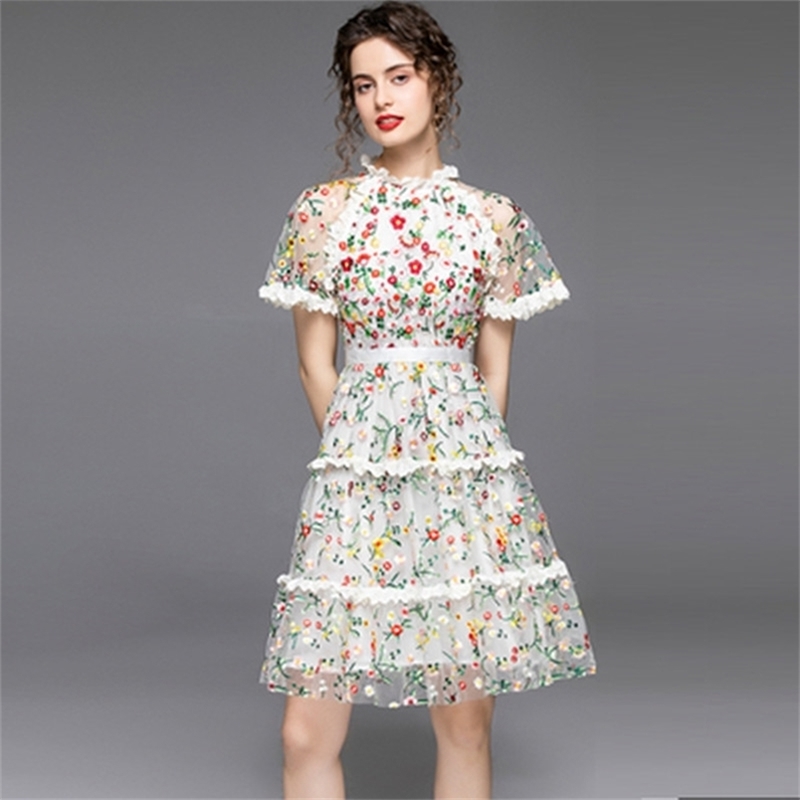

Elegant Female Fashion Summer Embroidery Dress For Women O Neck Short Sleeve High Waist Slim Midi Dresses 210603, Picture color