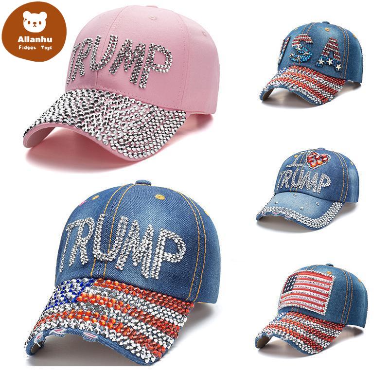 

Trump Baseball Cap USA Hat Election Campaign Hat Cowboy Diamond Cap Adjustable Snapback Women Denim Diamond Hats hg