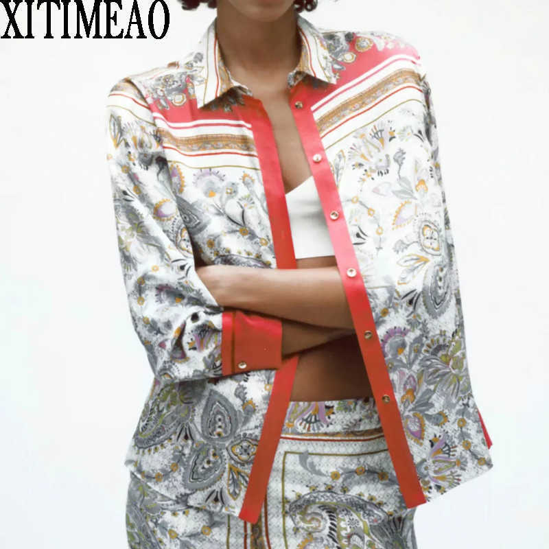 

ZA Spring Autumn Women Retro Printing Simple Style Loose Long Sleeve Shirt Casual Chic Tops XITIMEAO 210604, Red