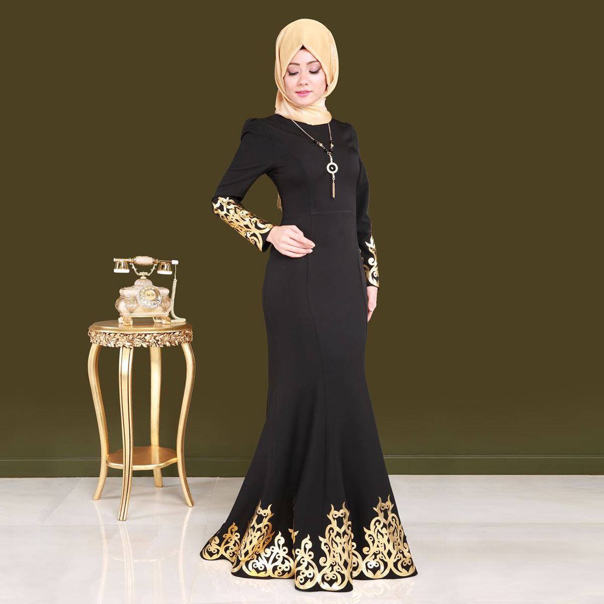 

Turkish Muslim Appliques Abaya Dress Women Slim Fit Mermaid Dress Dubai Arab Worshirp Maxi Long Hijab Dresses Islamic Clothing