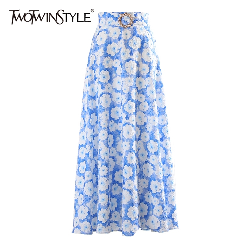 

Blue Print Floral Maxi Skirt For Women High Waist Patchwork Diamond Vintage Skirts Female Spring Fashion Style 210521