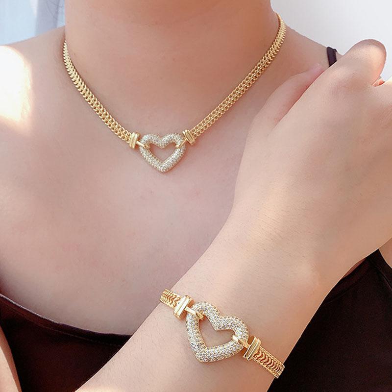 Collier de boucles d'oreilles paires de luxe Micro Pave disco cz lovers coeur charme bracelet bracelet femmes hommes mode bling bijoux sets cadea