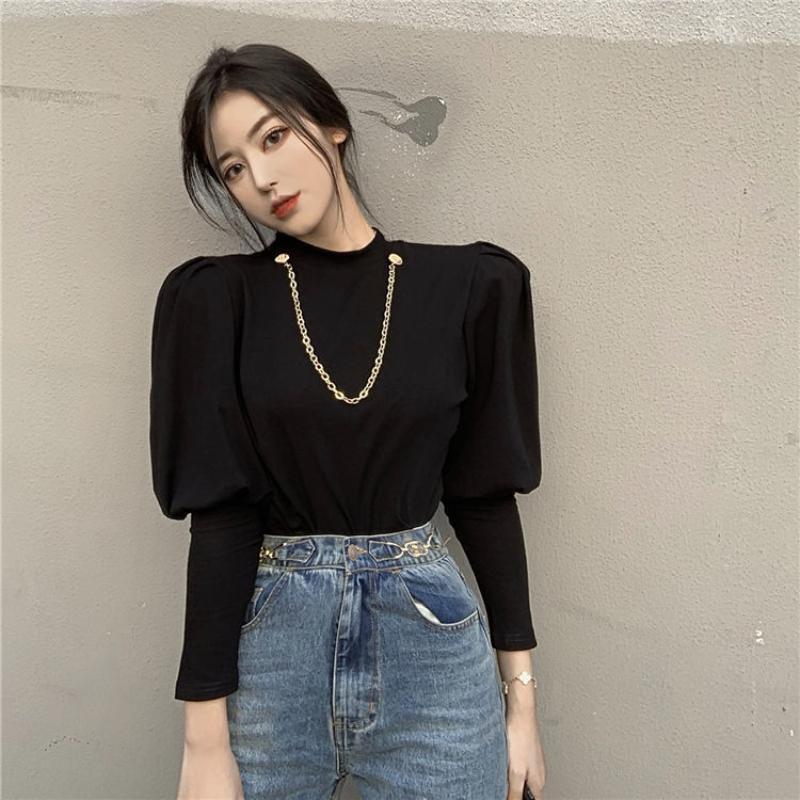 

Women's Blouses & Shirts Women Solid Color Chain Slim Bottomed T-shirt Female Round Neck Bottoming Tops Long Sleeved Shirt All-match Spring, Black