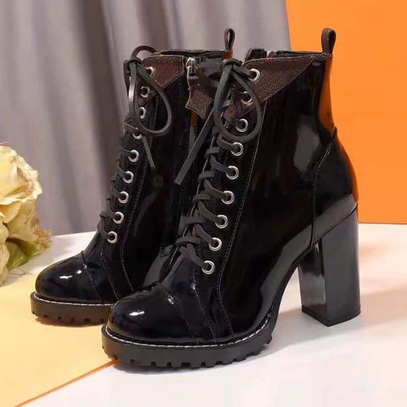 

Womens Heels boots fashion chunky Ankle boot Black calf leather trim brings a chic twist to this army-inspired style its laces and rugged platform sole with box 03, #22