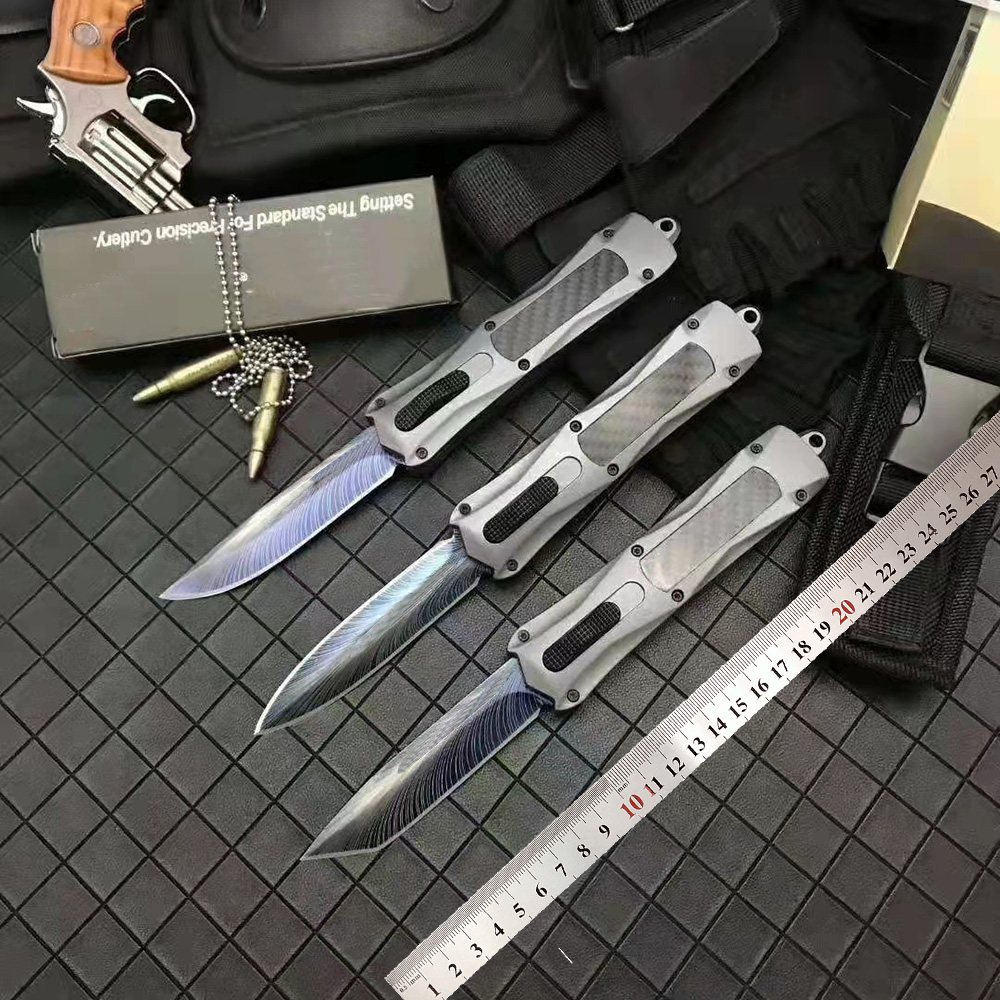 

MT Carbon Fibre 3300 Double Action Automatic knife Colorful Titanium Feather Pattern Blade Outdoor Self-defense Knives Tactical Pocket knives EDC Tool