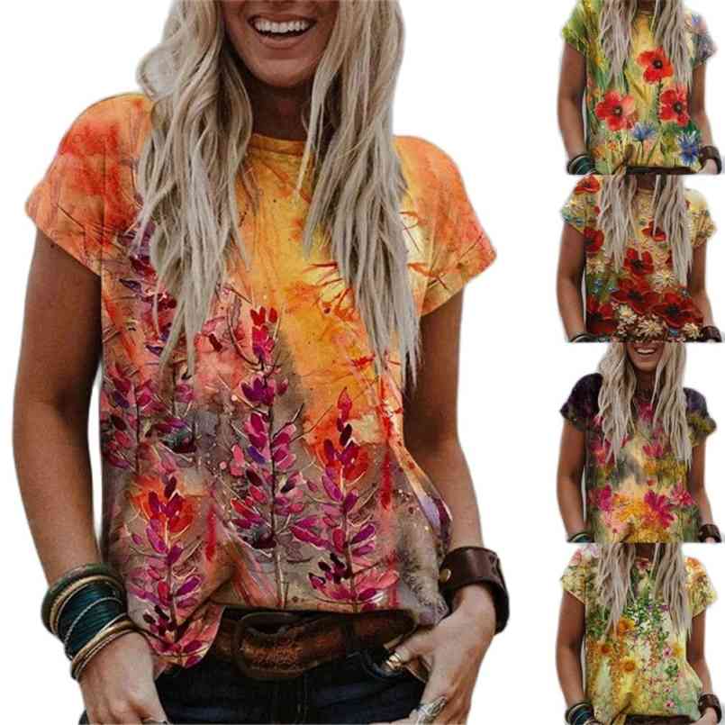 

Women T-Shirts Short Sleeve Casual Tee Summer Flower Print Fashion Tops 5XL Oversized Female Loose T-Shirt O-Neck Plus Size 210708, Gb-dxh01-red