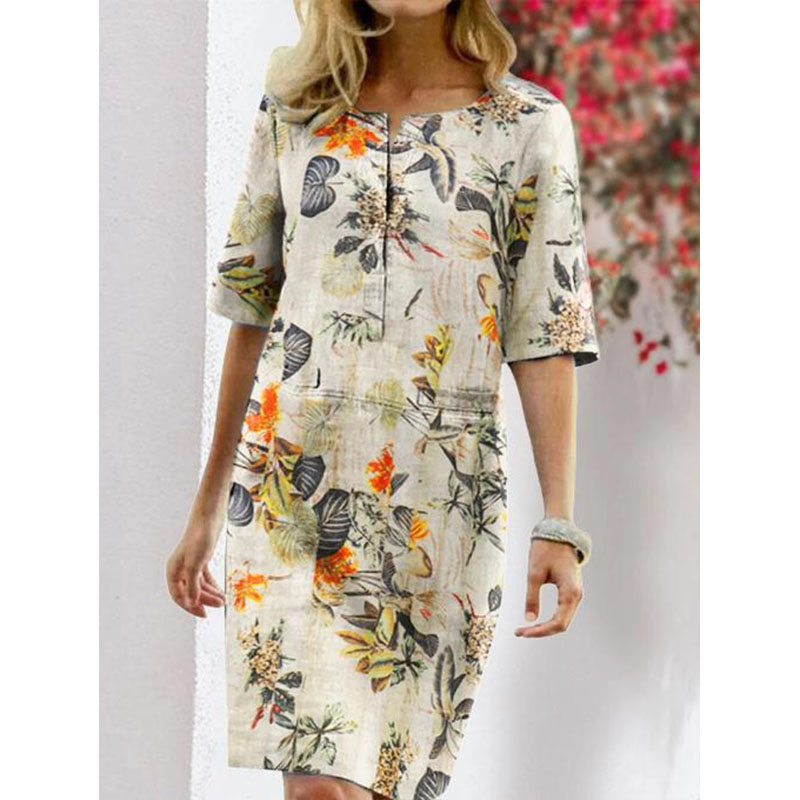 

PROPCM Summer Short Dress Floral Printed Bohemian Sundress Vintage Cotton Linen Party Women Casual Short Sleeve Vestidos, Th2150605-no1