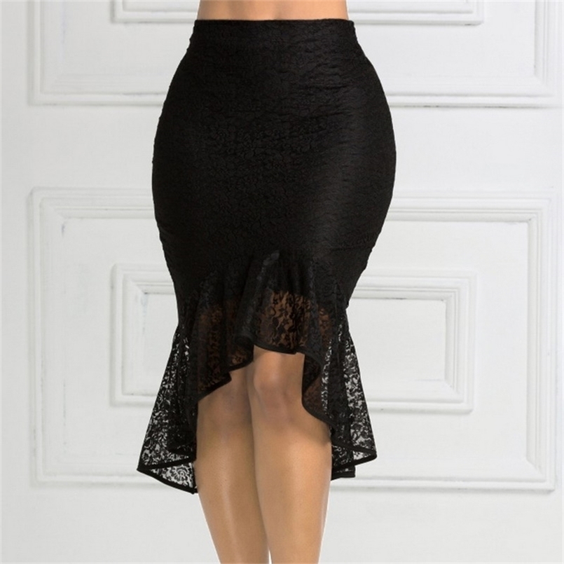 

Sexy Black Lace Gothic Skirts Woman Empire Waist Elastic Retro Pencil Asymmetrical XXL XL Plus Size Jupe Women' Fashion 210702