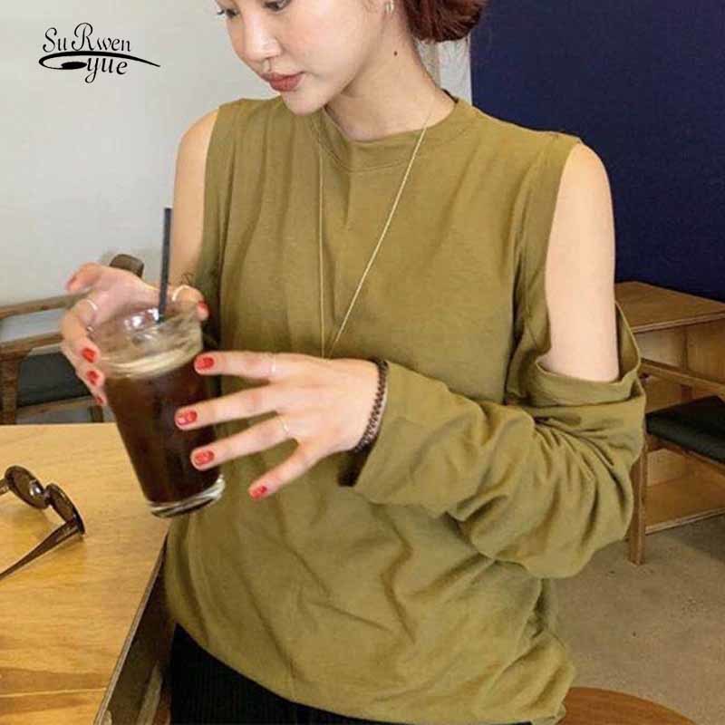 O-neck Hollowed Out Shoulder Long Sleeve Autumn Casual Solid Color Blouse Women Loose Lazy T-shirts Fashion Pullover Tops 12186 210508