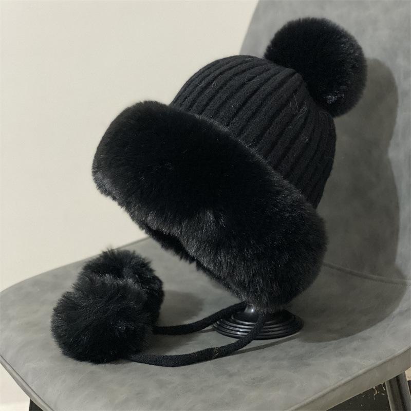 

Berets 2021 Ear Protection Plush Thickened Wool Ball Knitted Lei Feng Hat Women's Autumn And Winter Fashion Warm Cold Proof Ski