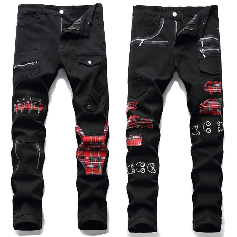 

Men's Jeans Spring Tartan Plaids Patchwork Black Trendy Punk Rock Rivet Pants Slim Straigh Casual Denim Trousers, Beige