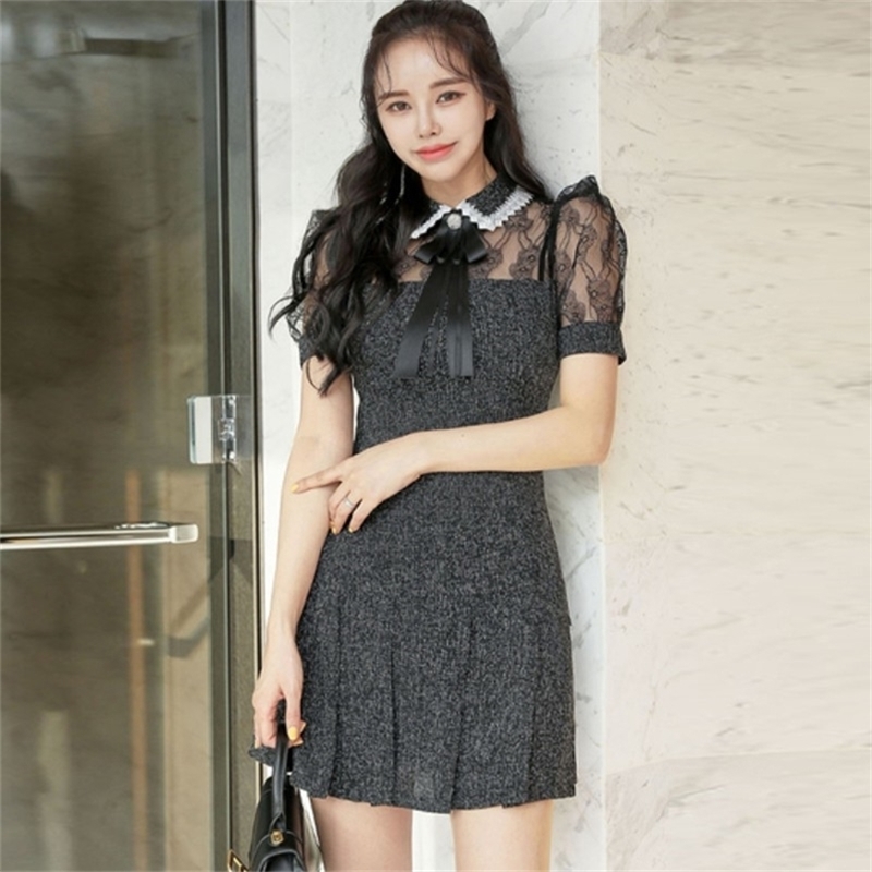 

Summer Women's Slim Princess Dress Sweet Bow Lace Puff Sleeve Patchwork Elegant Party Short Dresses 210519, Photo color