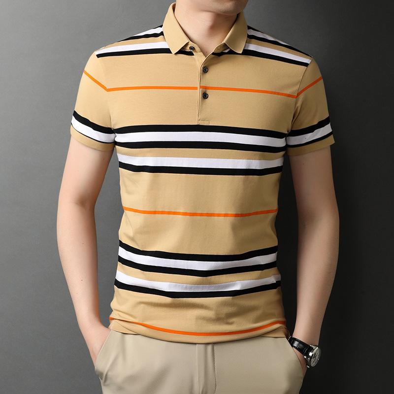 

Men's Polos Short Sleeve T-shirt Summer Lapel 2021 Half Collar Striped Cotton, Blue