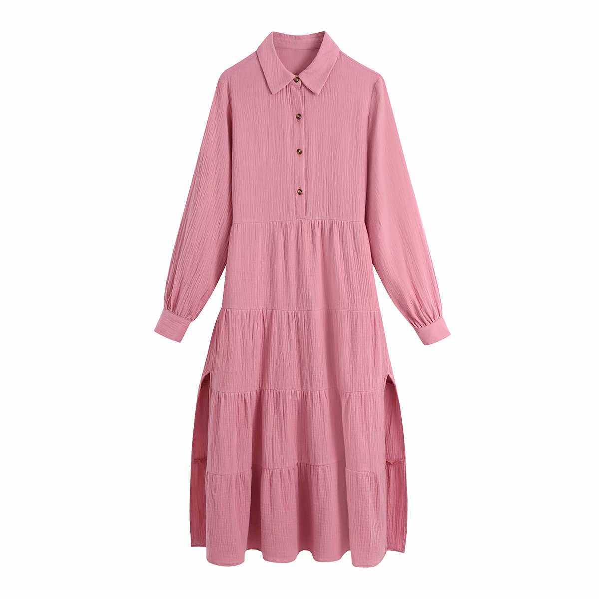 

Women Vintage Solid Shirt Dress Side Slit Fashion Long Sleeves Buttoned Lapel Neck Midi Dresses Woman Robe 210709