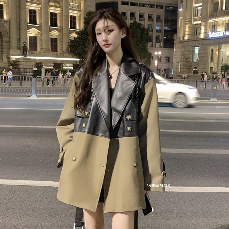 

Women's Trench Coats Mid-length Pu Leather Long Lapel Sleeve Loose Fit Windbreaker Fashion Spring Autumn 2022, Tan;black