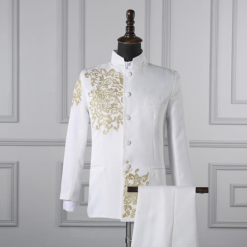 

Men' Suits & Blazers Chinese Style Gold Embroidery Prom Host Stage Outfit Male Singer Teams Chorus Wedding Costume Black White