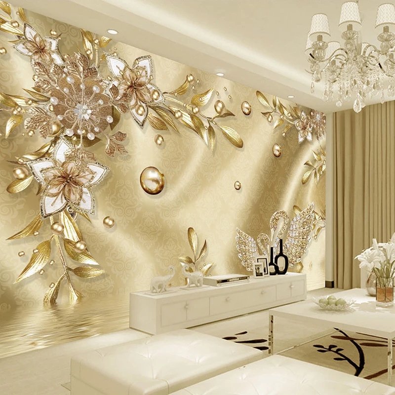 Custom Wallpaper 3D Stereo Golden Flower Jewelry European Style Luxury Murals Living Room TV Hotel Backdrop Painting Waterproof-image-703146707