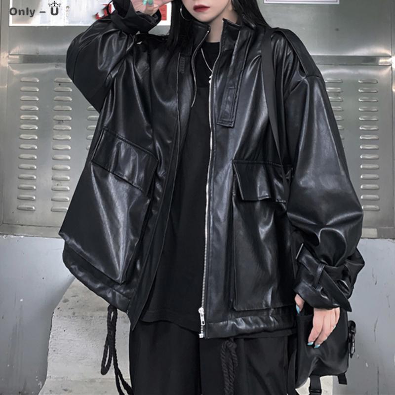 

Japanese Korean Style PU Leather Jacket Loose 2021 Autumn Long-sleeved Coat Women Punk Rock Jackets Tide Pocket Outwear Women, Black