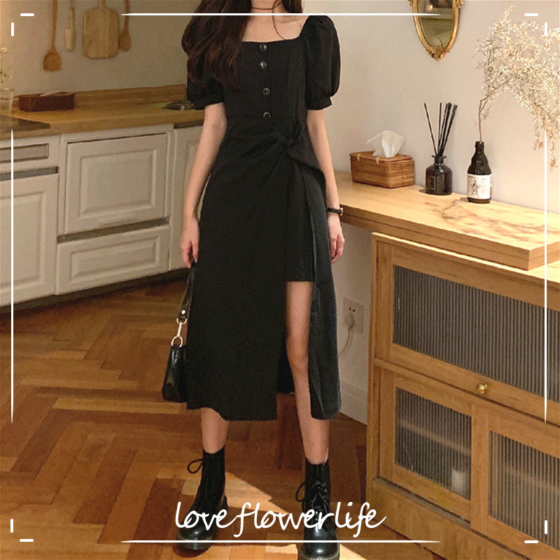 

French Elegant Dress Women Autumn Casual Gothic Square Collar Puff Sleeve Chic Vintage Party Dress Dress Korean 210521, Beige