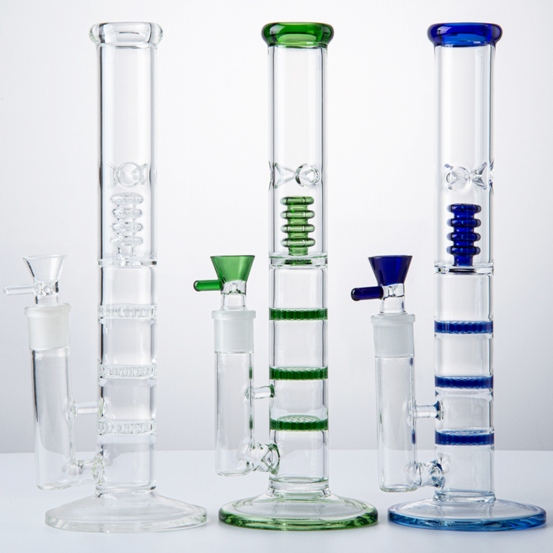 

12 Inch Straight Tube Glass Bong Hookahs Triple Birdcage Perc Dab Oil Rigs Tall Bongs Water Pipe Green Blue Clear With Bowl HR316