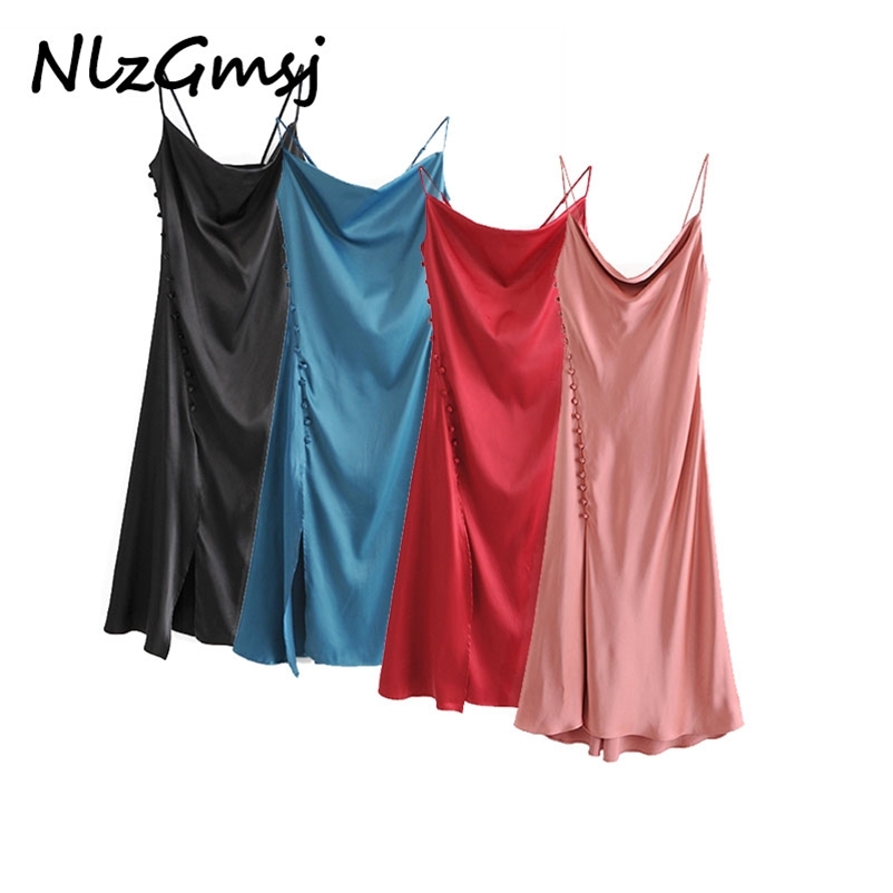 

Dres Chic Decorative Buttons Camisole Midi Vintage Backless Thin Straps Slit Female es Mujer 210628, As picture