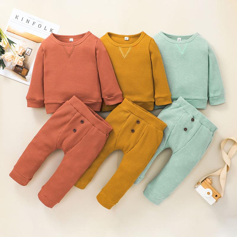 

Clothing Sets Infant Baby Girls Boys Solid Sweatshirt Tops+Button Pants Outfits Set Disfraz Calabaza Moda Infantil Winter, White