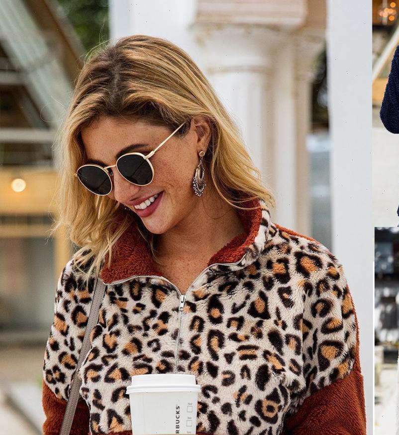 

leopard women hoodies patchwork faux fur sweatshirt front pockets warm fleece casual winter oversized ladies turtleneck pullover, Black
