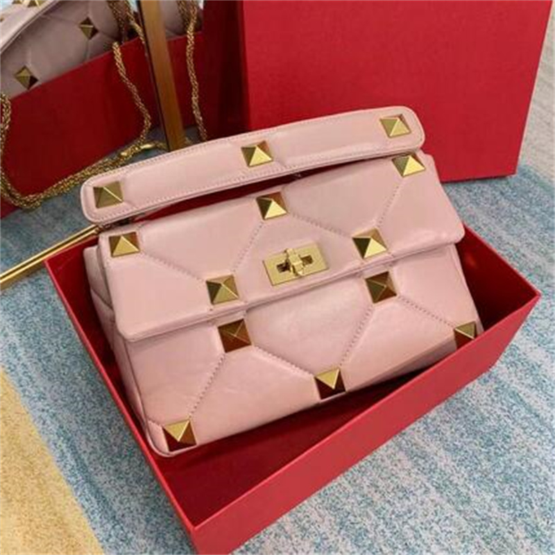 

trendy nappa pattern Roman Studs Shoulder Bag with chain High Quality Genuine Leather Rivet Messenger Flap Bags Classic Stud Bag Handbag