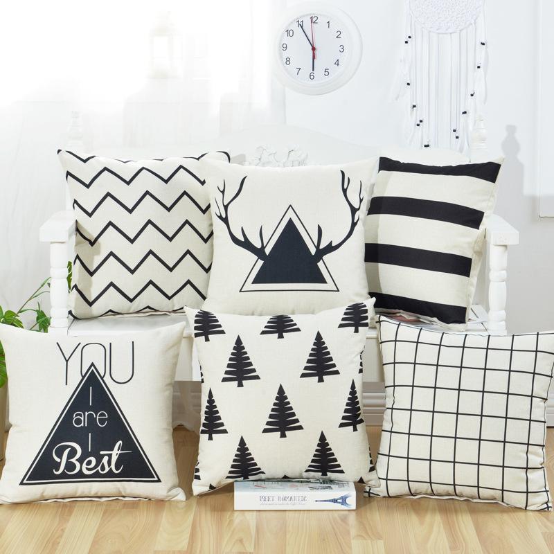 

Cushion/Decorative Pillow Modern Simple Black And White Mixed Linen Geometric Cover Office Home Grid Stripe Throw Cushion, P02