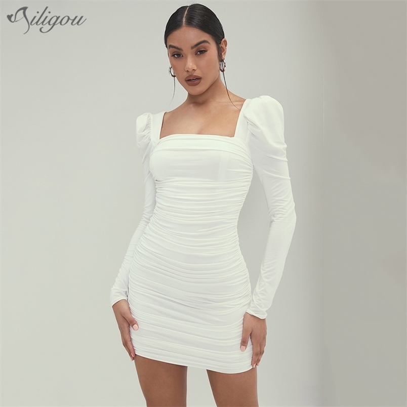 

Solid Basic Slim Packaging for Summer Square Neck Puff Sleeve Sexy Dress Ruffle Mini Club Party Bodycon Women 210525, White