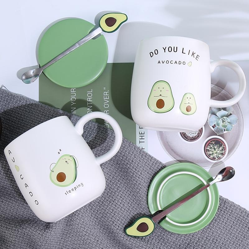

Mugs Coffee Cup Ceramic Creative Color Avocado Heat-resistant Mug Cartoon With Lid 450ml Kids Office Home Drinkware Gift, 19