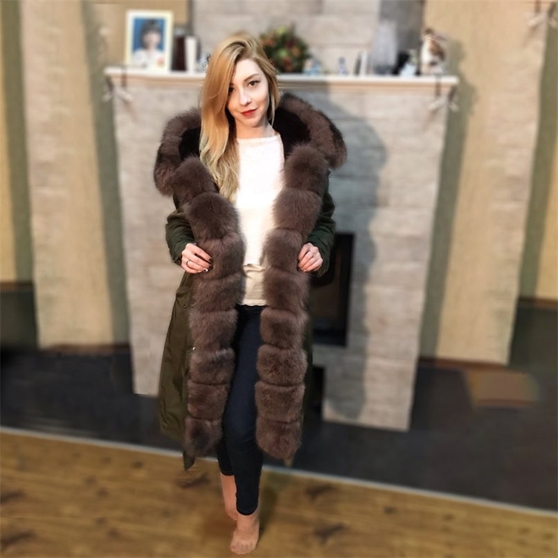 

OFTBUY Waterproof Parka Real Fur Coat X-long Winter Jacket Women Natural Fur Collar Thick Warm Outerwear Detachable 211019, X-long green brown