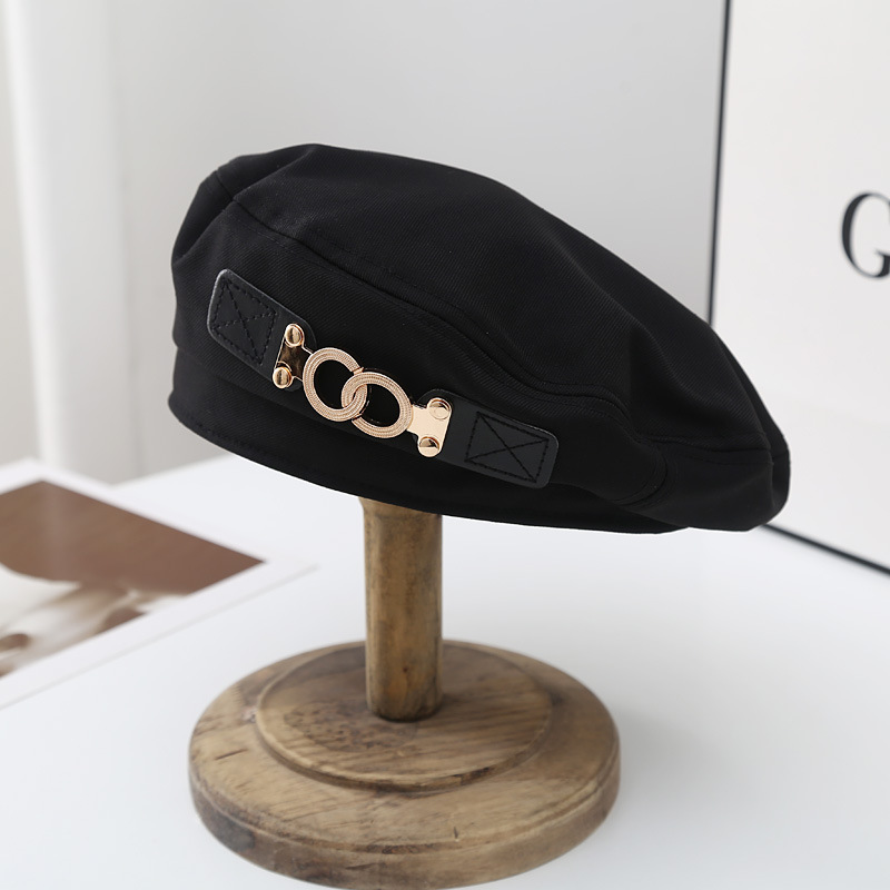 

Internet Famous Hat Metal Double Ring Chain Black Beret Female Spring and Autumn Ins Trendy Sweet Cool Punk Street Painter Cap, Adjustable