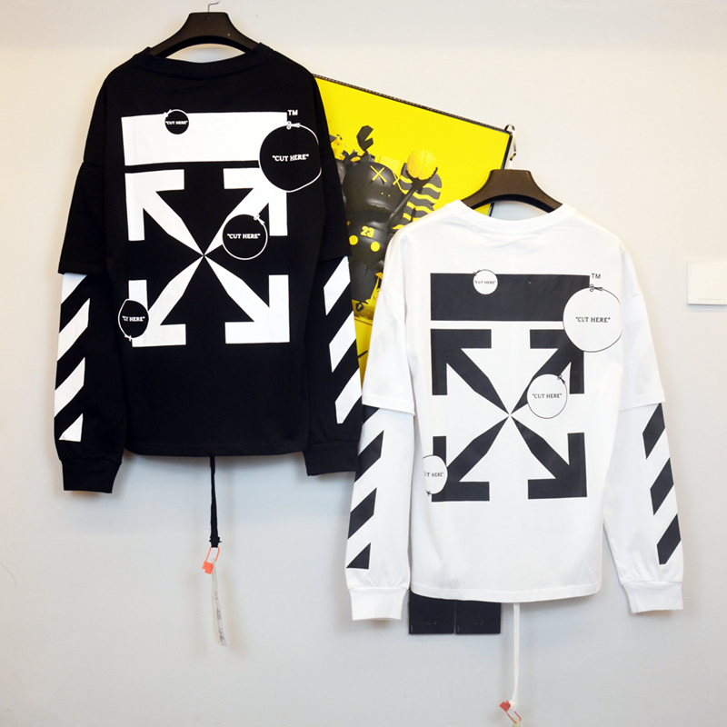 

OFF Style T Shirt Fake two piece White short sleeve black womens mans OW T-Shirt print arrows Summer Letter clothing, White;black