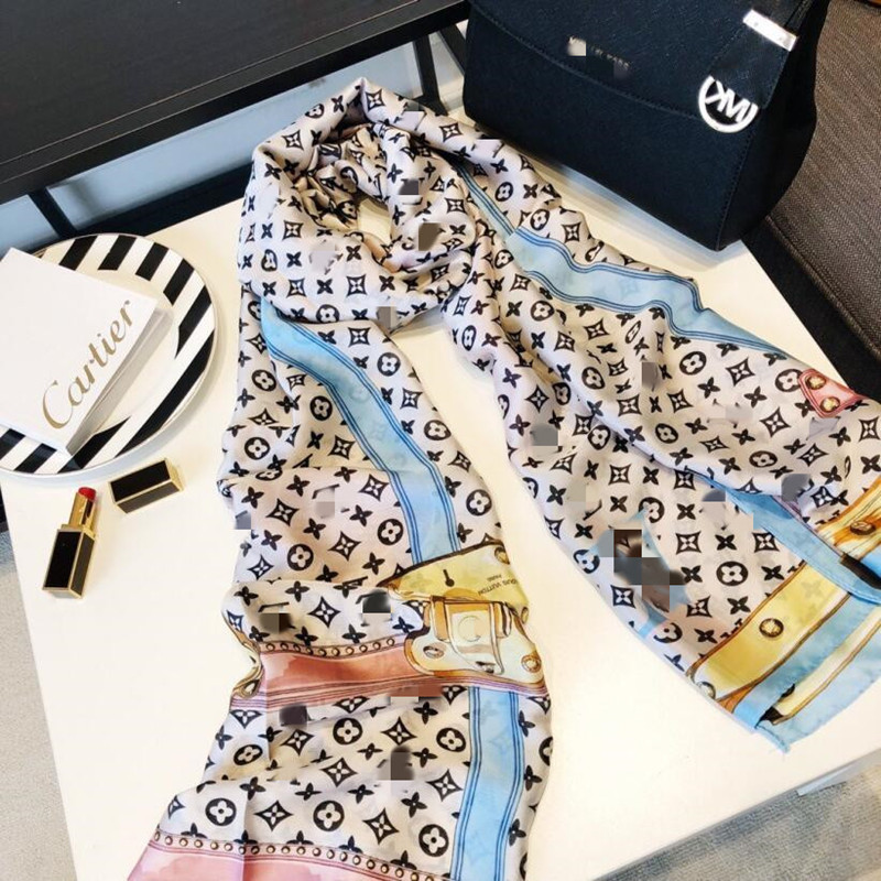 

High quality 2021 Fashion autumn and winter brand silk scarves timeless classic, super long shawl fashion women's soft silk scarves, Blue;gray