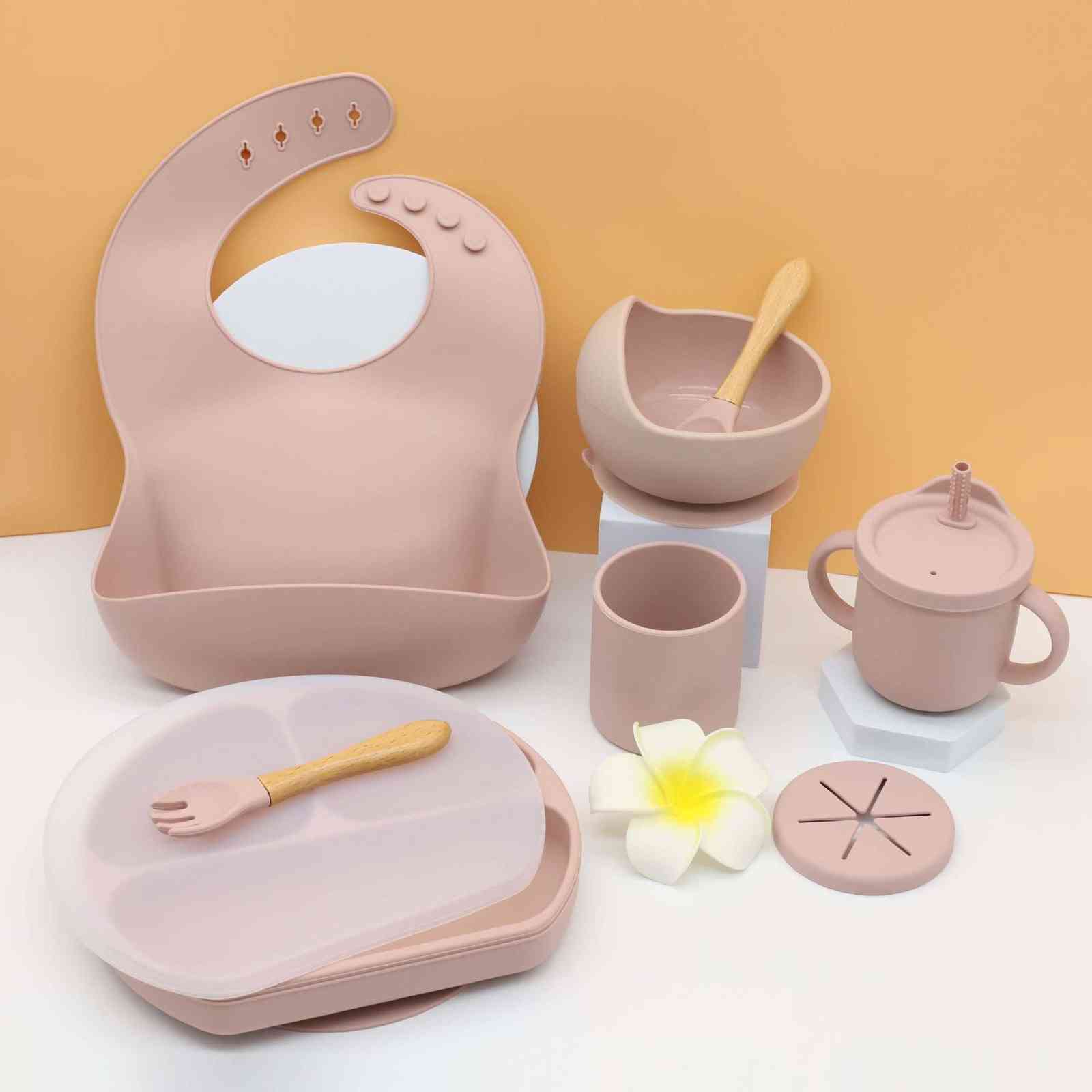 

Straight silicone Baby Bib baby bowl dinner plate mat spoon fork anti falling snack cup set G1110