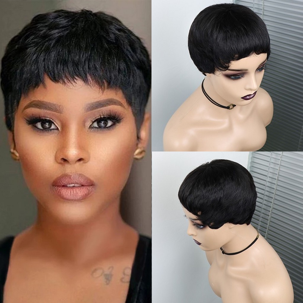 

Pixie Cut Wig Short Brazilian Straight Remy Human Hair Wigs for Black Women Full Machine Made No Lace, Wig cap