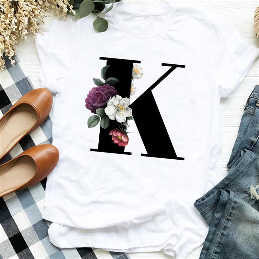 

floral letter k cute king women print tee clothes female graphic, White