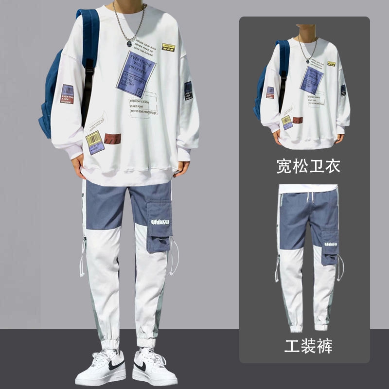 

Overalls Mens Autumn and Winter Korean Style Fashion Mens Clothing Suit with Handsome Youth Leisure Sports Sweater Suit, Black