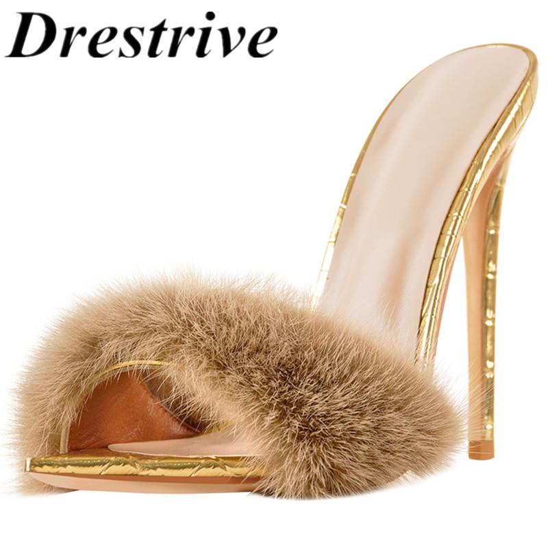 

Drestrive Big Size Custom 2021 Summer Women Sandals Pointed Toe Artificial Fur Fashion High Heel Shoes Gold White, Black