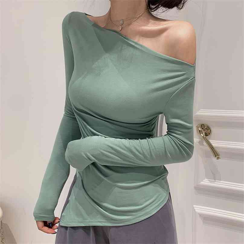 

shintimes Off Shoulder Tshirt Woman Backless Sexy T Shirt Women T-Shirt Long Sleeve Korean Style Slim Elasticity Womens Clothing 210720, Gray