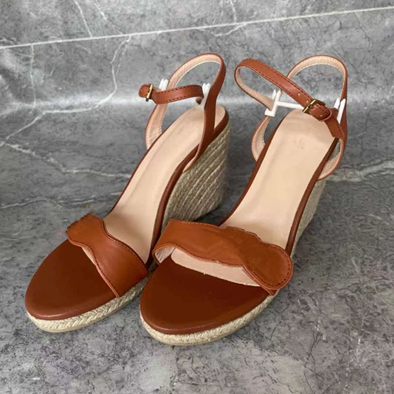 

luxury designer sandals womens summer fashion lady sandal gladiator genuine leather wedge buckle strap highquality rope woven shoes rubber brown heels us4, Red