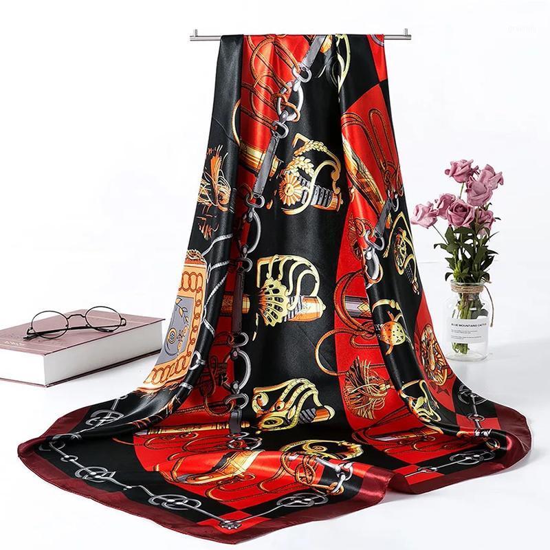 

Scarves Fashion Hijab Scarf For Women Kerchief Belt Print Silk Satin Hair Scarfs 90*90cm Square Neckerchief Headband Ladies, Blue;gray