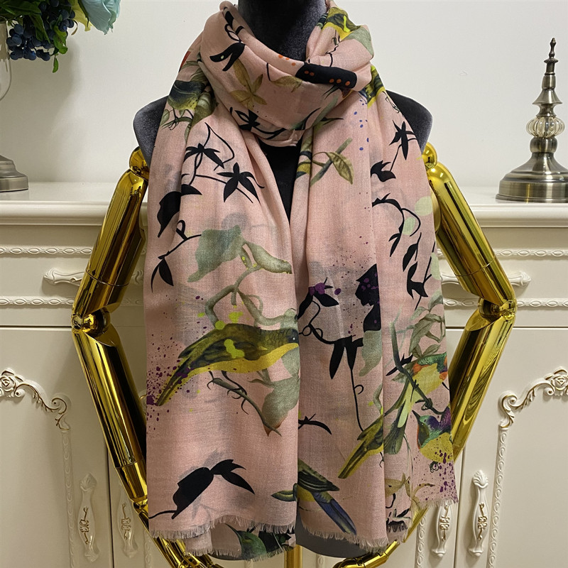 

Women's long scarf shawl pashmina good quality 100% cashmere material thin and soft pink print flowers bird pattern big size 190cm -130cm