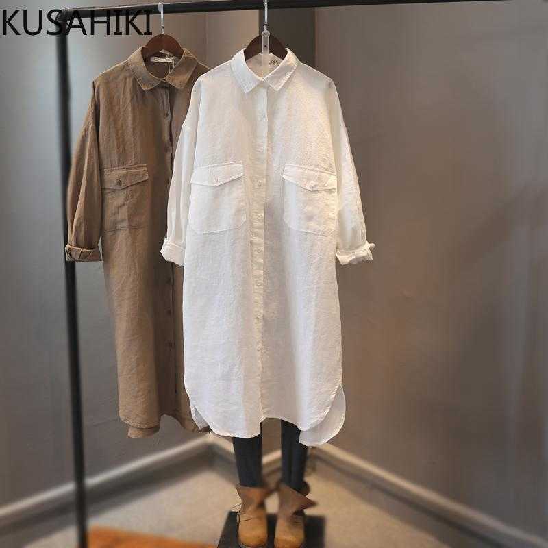 

Causal Oversized Cotton Linen Blouse Dresses Korean Long Sleeve Turn-down Collar Vestidos Spring Women Dress 6F742 210603, White