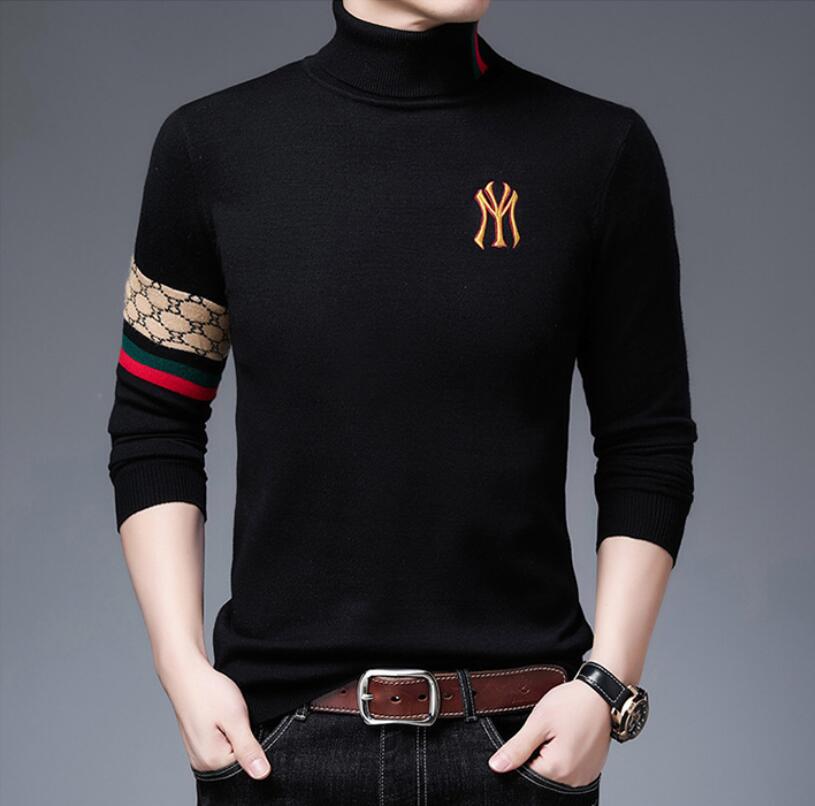 

2021 spring new high collar long sleeve men's sweater Korean fashion embroidery color matching slim fit bottomed sweater men sweater, Black