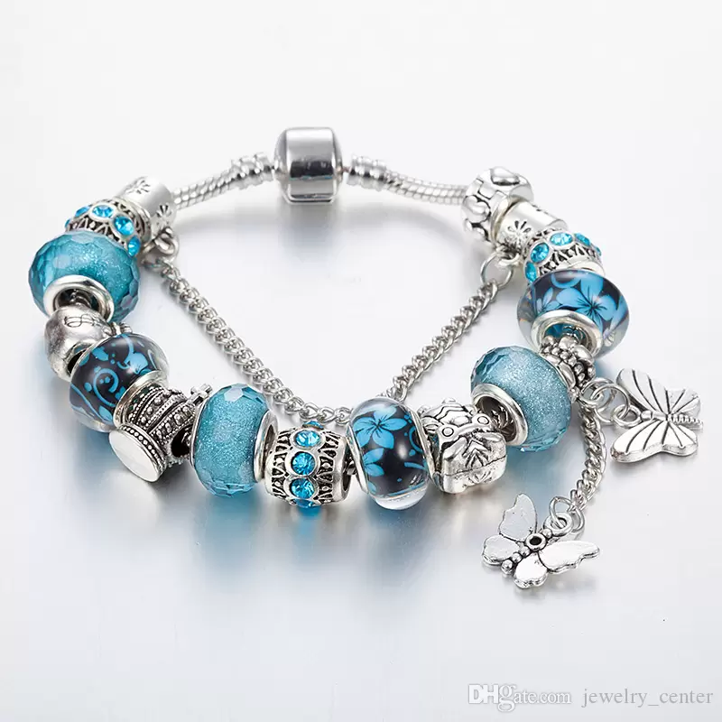 

17cm to 21cm 925 Sterling Silver plated butterfly tassel Pendant Bracelet for Pandora Silver Charm Snake Chain Bracelets, Golden;silver